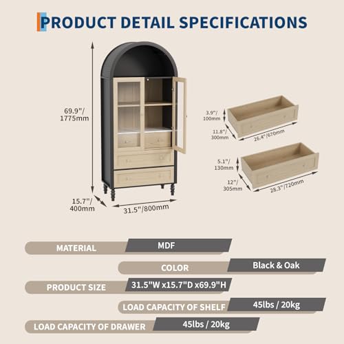 Image of Garvee 71 inch Arched Cabinet with Glass Doors, Modern Tall Kitchen Pantry Storage with Adjustable Shelves, Wood Display Bookcase for Living Room, Dining Room