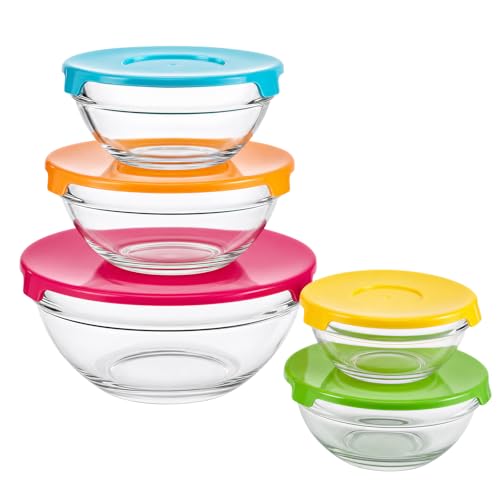 Yukaiwn Glass Mixing Bowls with Lids Set of 5 Glass Salad Bowl Set Meal Prep Containers Round Glass-Bowl for Cooking Baking Prepping Serving and Storage Dishwasher Safe