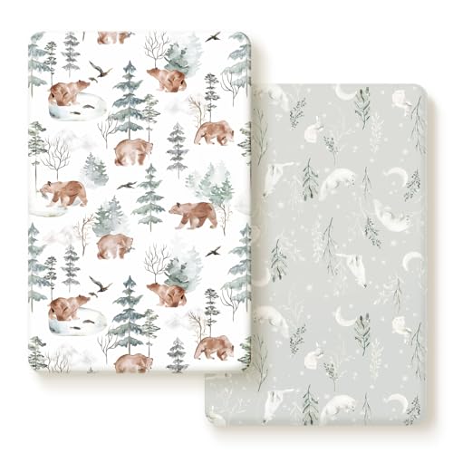 Stretchy Ultra Soft Jersey Knit Fitted Pack and Play Sheets Set 2 Pack, Portable/Mini Crib Sheets Safe and Snug Fitted for Boys and Girls, Cute Bear and Wolf Pattern
