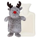 Hirsch Wärmflasche, 1 Liter süße Wärmflasche aus weichem Gummi mit abnehmbarem Bezug, flauschiger Tierbezug, geeignet zur warmen Schmerzlinderung oder als Geschenk, für Kinder und Erwachsene