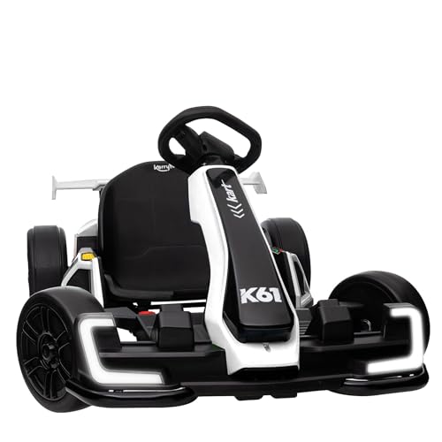 KerryYoo K61 Go Kart Electric Drift Kart with Length Adjustable Seat, 24V Outdoor Ride on Toy with 4 Speed Mode, Crazy Cart for Kids 6-12 Years Old, Fast 300W Motor, 8.5 MPH, Bluetooth - White