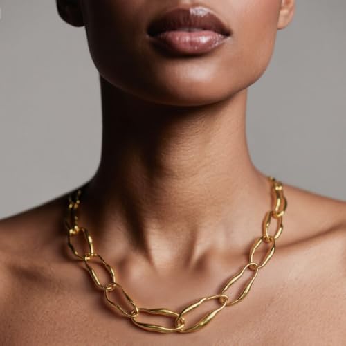 Chunky Gold Necklace 18k Real Gold Plated Chunky Chain Link Necklace for Women Long Statement Necklace for Women Adjustable Length 50+10CM3