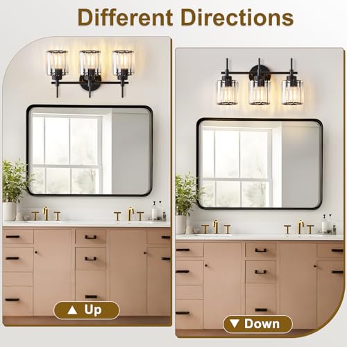 Image of EJIAXIN 3 Light Black Crystal Vanity Light, Modern Bathroom Vanity Light Over Mirror, Up and Down Mount Wall Sconce Lighting for Bathroom Bedroom Living Room Hallway