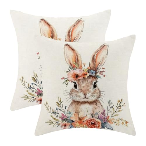 OFIRD Spring Pillow Covers 18x18 Pack of Cute Rabbit Floral Throw Pillow Covers Outdoor Decoration Easter Bunny Flower Pillowcase Farmhouse Decorative Linen Cushion Case for Couch Sofa