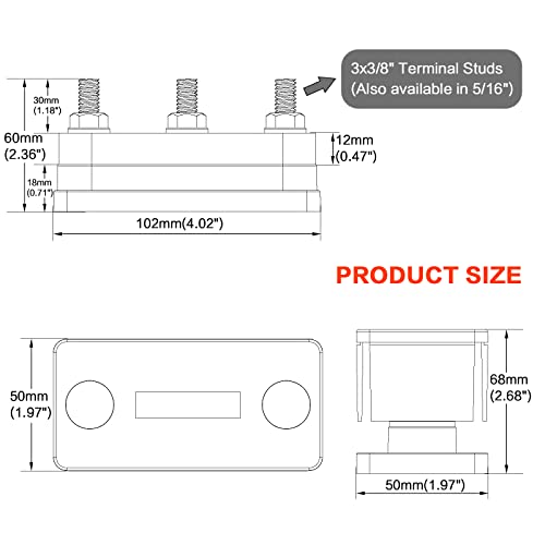 Amomd 2Pcs 12-48V 600A Bus Bar 3-Studs (3/8") M10 High Current Copper Busbar Terminal Block Marine Battery Ground Distribution Block With Cover (Red&Black) #TOP5