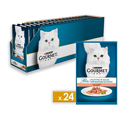 Purina Gourmet Perle Umido Gatto Filettini in Salsa con Salmone, 24 Buste da 85 g Ciascuna, Confezione da 24 x 85 g