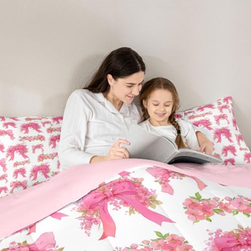 Image of Erosebridal Pink Floral Bowknot Queen Bedding Set Girly Bows Ribbons Comforter Set for Kids Teens Valentine Flowers Comforter Bow Tie Princess Duvet Insert