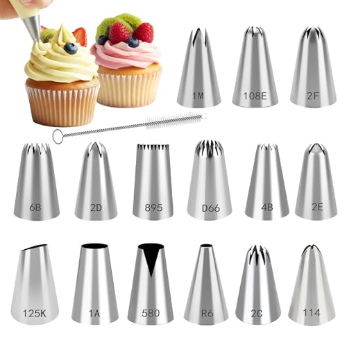 Ruimooto Lot de 15 douilles professionnelles en acier inoxydable 304 pour poche à douille + 1 brosse de nettoyage pour gâteaux, cupcakes, biscuits