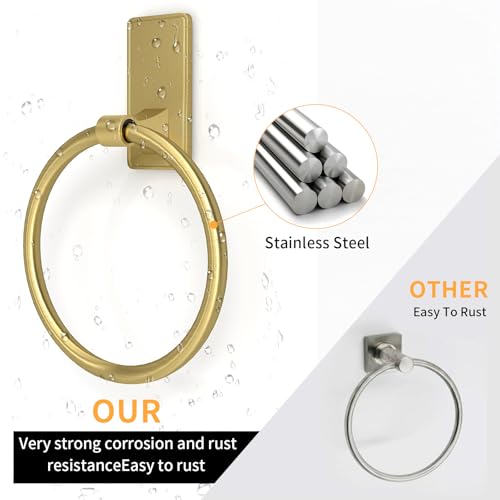 Image of Adhesive Towel Ring, SUS304 Stainless Steel Bathroom Towel Holder, One Piece Disigned Towel Racks for Bathroom, No Drill, Gold