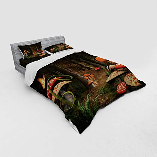 Ambesonne Mushroom Duvet Cover Set, Mushrooms In Deep Dark Forest Fantasy Nature Theme Earth Path Mystical, 4 Piece Bedding Set With Shams And Fitted Sheet, Queen Size, Pomegranate Green #TOP1