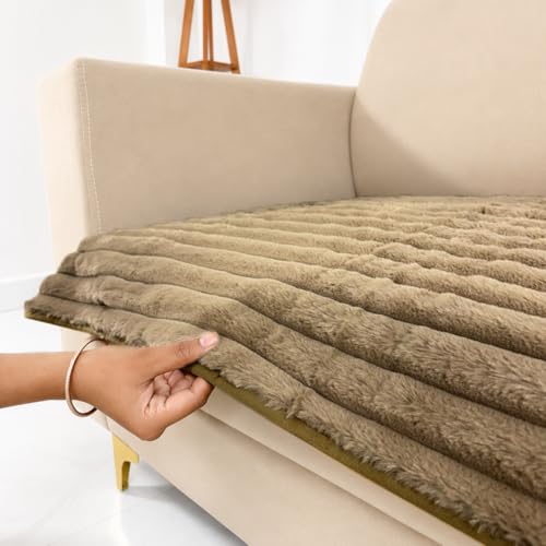 Image of Homerz Premium Rabbit Fur Sofa Cover with Anti-Skid Backing, Soft Plush Fabric Sofa Protector for Living Room Furniture (Coffee, 2 Seater, Only Seat Cover)