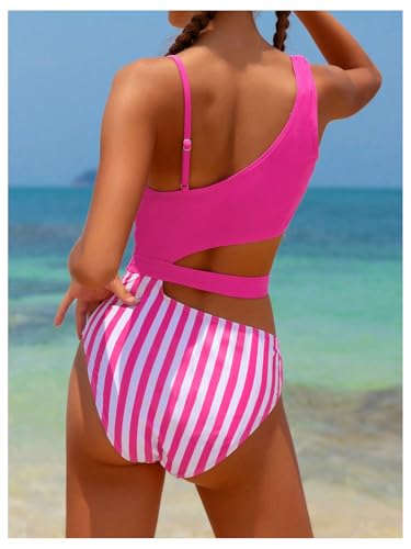 OYOANGLE Girl's Cut Out One Piece Swimsuit Striped Print Asymmetrical Neck Bathing Suits Swimwear3
