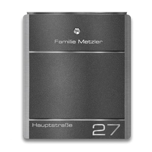 Metzler Moris - Cassetta delle lettere in acciaio inox con scritta in lingua inglese DB 703, con targhetta e numero civico, personalizzabile, con incisione e scomparto per giornali, impermeabile e