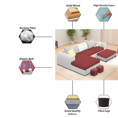 Image of Koza LHS 4 Seater L Shape Sofa Set with Center Table for Living Room (Maroon Grey Fabric) Premium Fabric Sofa
