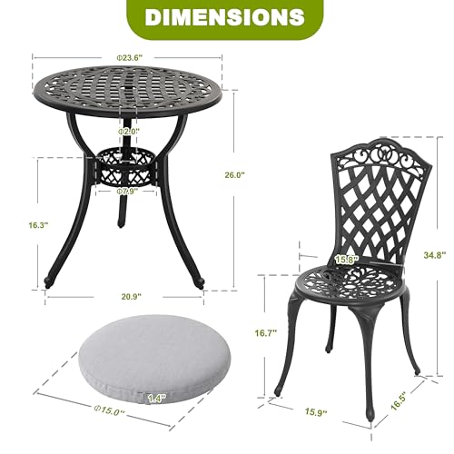 Image of NUU GARDEN 3-Piece Patio Bistro Set Outdoor Cast Aluminum Bistro Table and Chairs Set of 2, Outdoor Patio Bistro Set with Umbrella Hole and Gray Cushions for Patio and Balcony, Black
