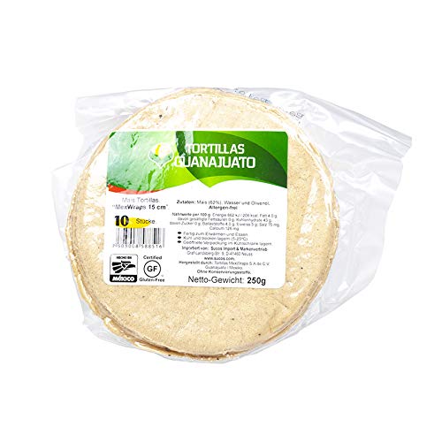 Mais Tortillas aus Mexiko, 15cm Durchmesser, Pack 250g mit 10 Einheiten - Tortillas de Maiz GUANAJUATO 15cm, 250g