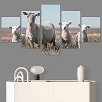 SIGNWIN 5 Panel Canvas Wall Art Modern Art Animals Cow Expressive Farmhouse/Country Multicolor Photography Sheep for Home Decorations Ready to Hang - 60