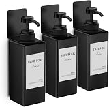 3 Piezas Dispensador Jabon Baño, 500ml Dispensador de Jabón para Pared Sin Necesidad de Taladrar con 3 Soportes y 16 Etiquetas Impermeables para Cocina y Baño - Negro