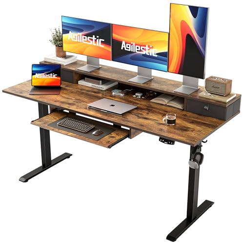 Image of Agilestic Electric Standing Desk with 2 Drawers and Keyboard Tray, 63 x 24 Inches Ergonomic Adjustable Height Desk with Storage, Sit Stand up Computer Workstation, Rustic Brown