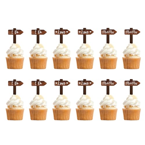 Party to Be 12 PCS Wedding Cupcake Toppers in Wood Rustic Wedding Cake Decoration