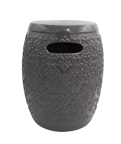 Ravenna Home Damask-Pattern Ceramic Garden Stool or Side Table, 16"H, Grey