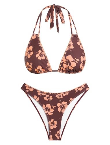 Image of ZAFUL Women Halter Dual Straps Whip Stitch Floral Triangle Bikini Swimsuits