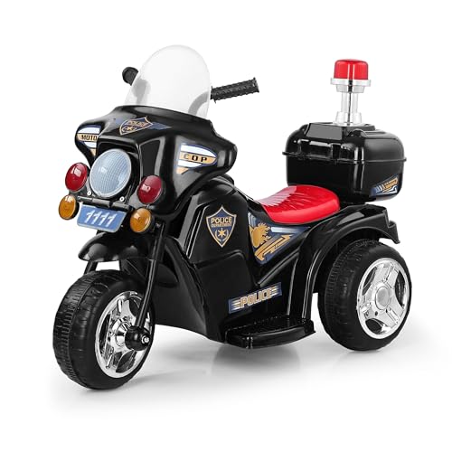 Image of BabyGo Electric Bike for Kids | Police Bike | Music | LED Lights | Storage Box | Rechargeable 6V Battery, 60+ Minutes Playtime | Ride on Bike for Boys and Girls 1-4years | Black