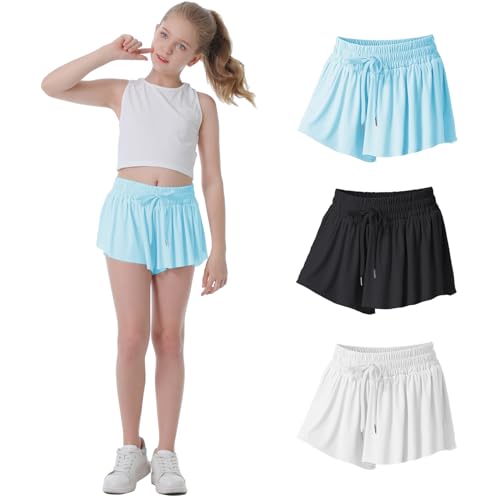 Flowy Shorts for Girls Butterfly Shorts for Kids Preppy Shorts for Teens Tennis Running Athletic Shorts with Liner(Black+White+Light Blue,5-6 Years)