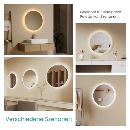 EMKE Badspiegel mit Beleuchtung Rund 50cm, Badezimmerspiegel mit dimmbarer Beleuchtung, 3 Lichtfarben, Antibeschlag, Touch-Schalter und Speicherfunktion, ideal für das Badezimmer 5