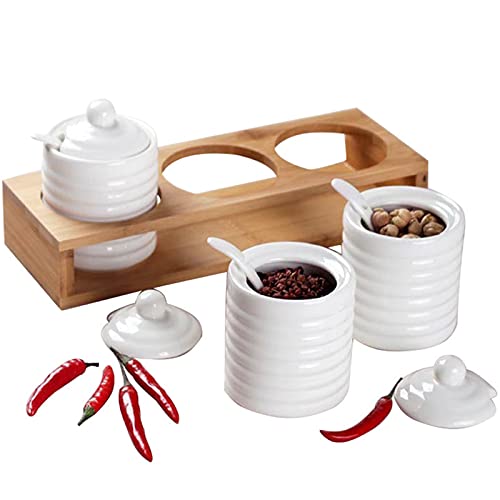 Deayou DE-CONDIMENTJAR-CER-TS-W-3P 3 Pack Porcelain Condiment Jar With Lid And Spoon, Ceramic Salt And Pepper Containers With Bamboo Wood Tray, White Pottery Seasoning Box Pot Sugar Bowls thumb #8