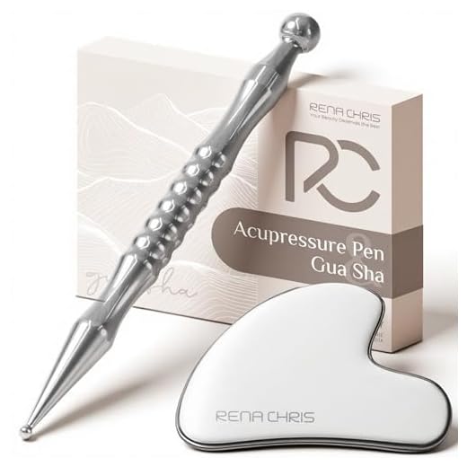 Rena Chris Stainless Steel Gua Sha and Acupuncture Pen, Manual Reflexology Tools for Muscle Tension and Pain Relief, Acupressure Pen and Gua Sha Set with Reflexology Chart, Easy to Use