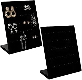 BELLE VOUS Black Velvet Earring Jewellery Organiser and Display Holder (2 Pack) - L Shaped Jewelry Rack Stand with 60 Holes for 30 Pairs of Earrings - Showcase Studs and Dangle Earrings