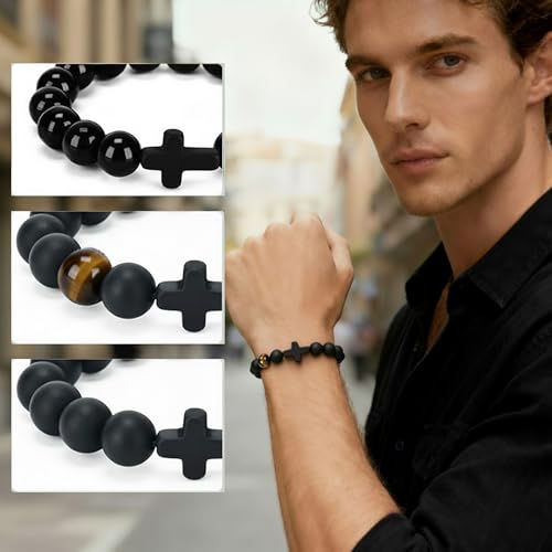 Pulsera de Hombre con Cruz y Cuentas de Piedra Negra miniatura 5