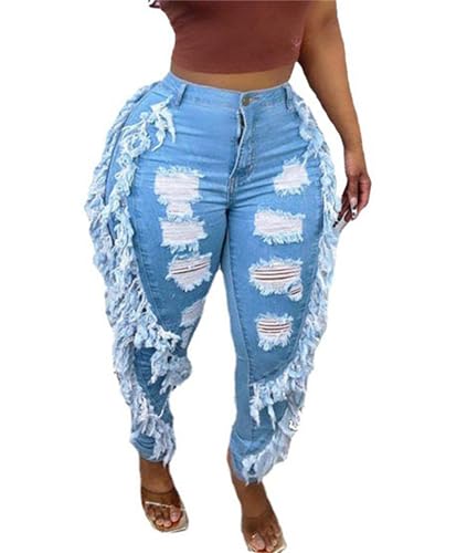 Women's High Waisted Fringe Ripped Jeans Tassels Distressed Denim Pants Destroyed Mid High Waist Denim Pants Trousers
