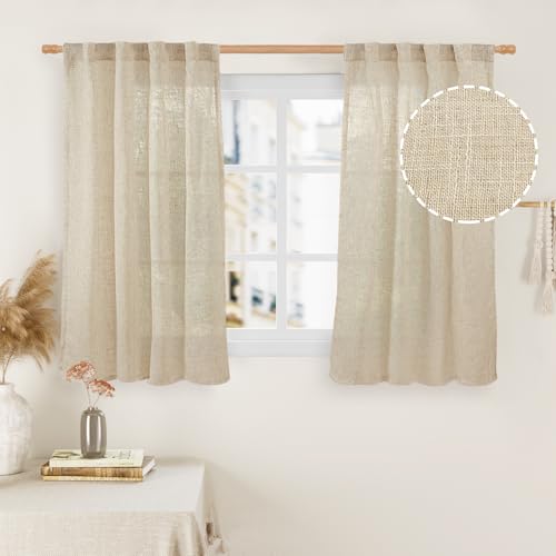 LAMIT Small Window Linen Curtains 45 Inches Long, Semi Sheer Light Filtering Panels Back Tab and Rod Pocket Cafe Drapes for Basement/Window/Kitchen, Linen, 2 Panels, 34 x 45 Inch