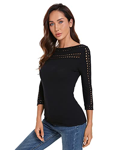 AmélieBoutik Women Boatneck Eyelet Trim 3/4 Sleeve Knit Top Sweater3