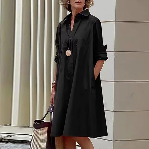 Womens 2025 Long Sleeve Button Down Shirt Summer Dress Casual V Neck Loose Fit Midi Shirt Dresses with Pockets2