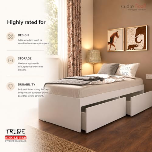 Image of Studio Kook Tribe Engineered Wood Single Bed with Drawers (Finish Color - Moonshine White, Matte Finish)