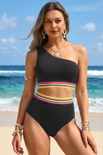 Image of Holipick Women One Shoulder High Waisted Bikini Sets Two Piece Swimsuit Tummy Control Bathing Suit Full Coverage Swimwear