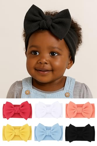 5-Pack Oversized Baby, Toddler and Young girls Bow Headbands – Soft Stretchy Knotted Turban Hairbands for Newborns, Infants, Toddlers & Young kids (Colors Vary)3