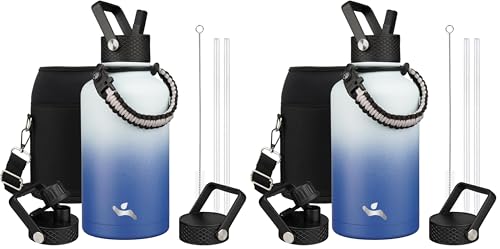 Image of Konokyo Half Gallon Insulated Water Bottle with Straw,64 oz 3 Lids Water Jug with Carrying Bag,Paracord Handle, Double Wall Vacuum Stainless Steel Metal Flask,Sky (Pack of 2)