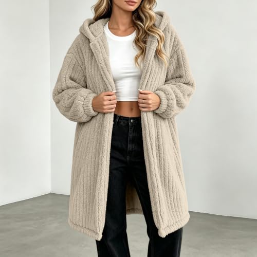 TERGHTP Womens Fleece Jacket Sherpa Hooded Open Front Winter Long Coat - image 3