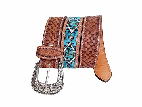 Western Tooled Leather Beaded Belt For Men and Women 30AB0113