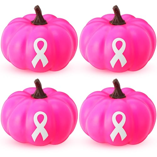 Cinnvoice 4 Pcs Breast Cancer Awareness Decorations Artificial Pumpkins Bulk Rose Red Faux Foam Pumpkins with Pink Ribbon for Fall Table Centerpieces Breast Cancer Party Decor(Rose Red,4.33 Inch)