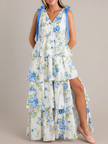 Image of Wenrine Womens Summer Floral Maxi Dress Tie Strap Sleeveless V Neck High Slit Boho Ruffle Tiered Beach Dresses