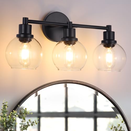 Image of Bathroom Vanity Light 3 Light, Black Bathroom Light Fixtures with Clear Globe Glass Shade, Matted Black Wall Sconce Over Mirror for Kitchen, Living Room