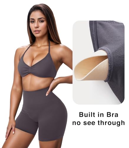 Image of OMKAGI Halter Sports Bras for Women Padded Strappy Bra Open Back Workout Gym Crop