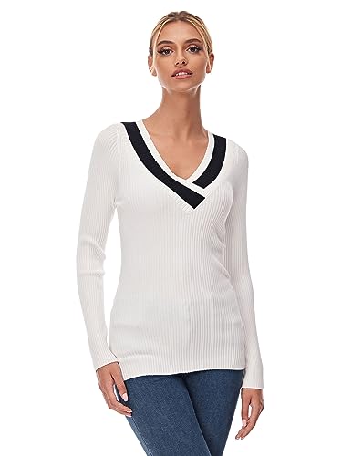 Image of AmelieBoutik Women Casual Color Trim V Neck Long Sleeve Ribbed Sweater Tops