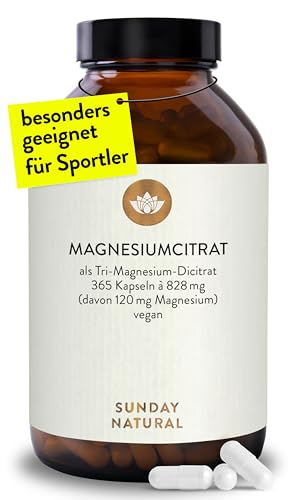 SUNDAY NATURAL Magnesiumcitrat Kapseln - 365 Kapseln Pro Tagesdosis 360mg reines Magnesium ohne Zusatzstoffe - Premium Magnesium Citrate Laborgeprüft vegan ohne weitere Zusätze