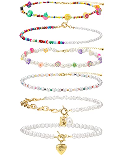 Beaded Choker Necklace Set, Boho Cute Colorful Seed Beads Necklace, Gold Pearl Chain Necklace Pack, Evil Eye Flower Handmade Y2K Necklace for Women Teen Girls